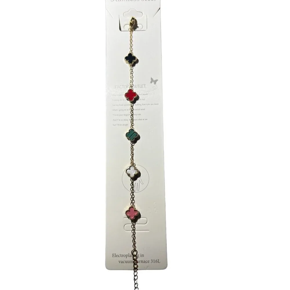 WOMENS GOLD PLATED MULTI COLOR MINI IRISH SHAMROCK STAINLESS STEEL BRACELET